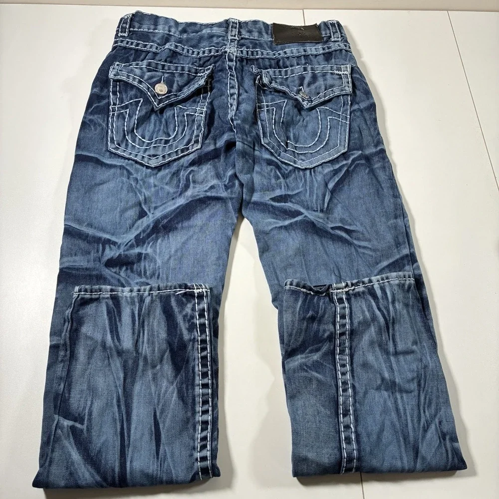 True Religion Jeans 34x33‎ Blue Denim Acid Wash Flap Pocket Thick Made in USA